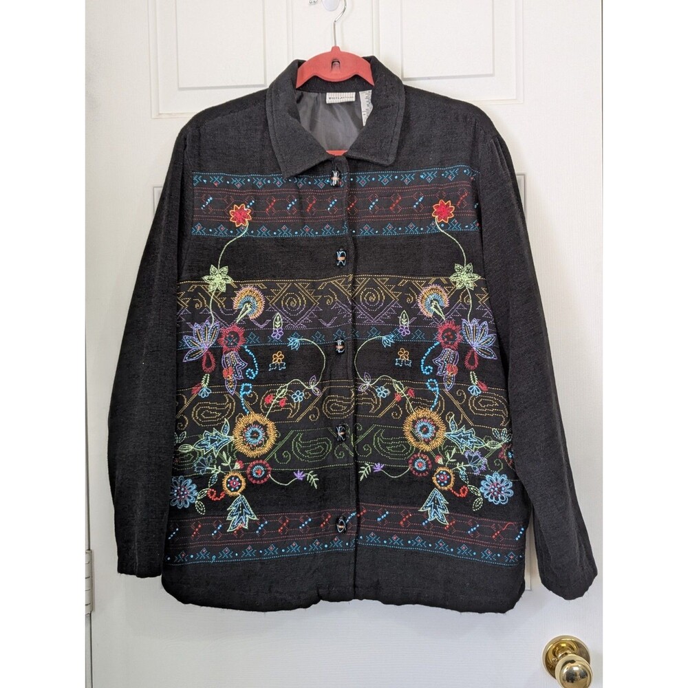Vtg White Stag Embroidered Shacket Shirt Womens Medium Black Chenille Button